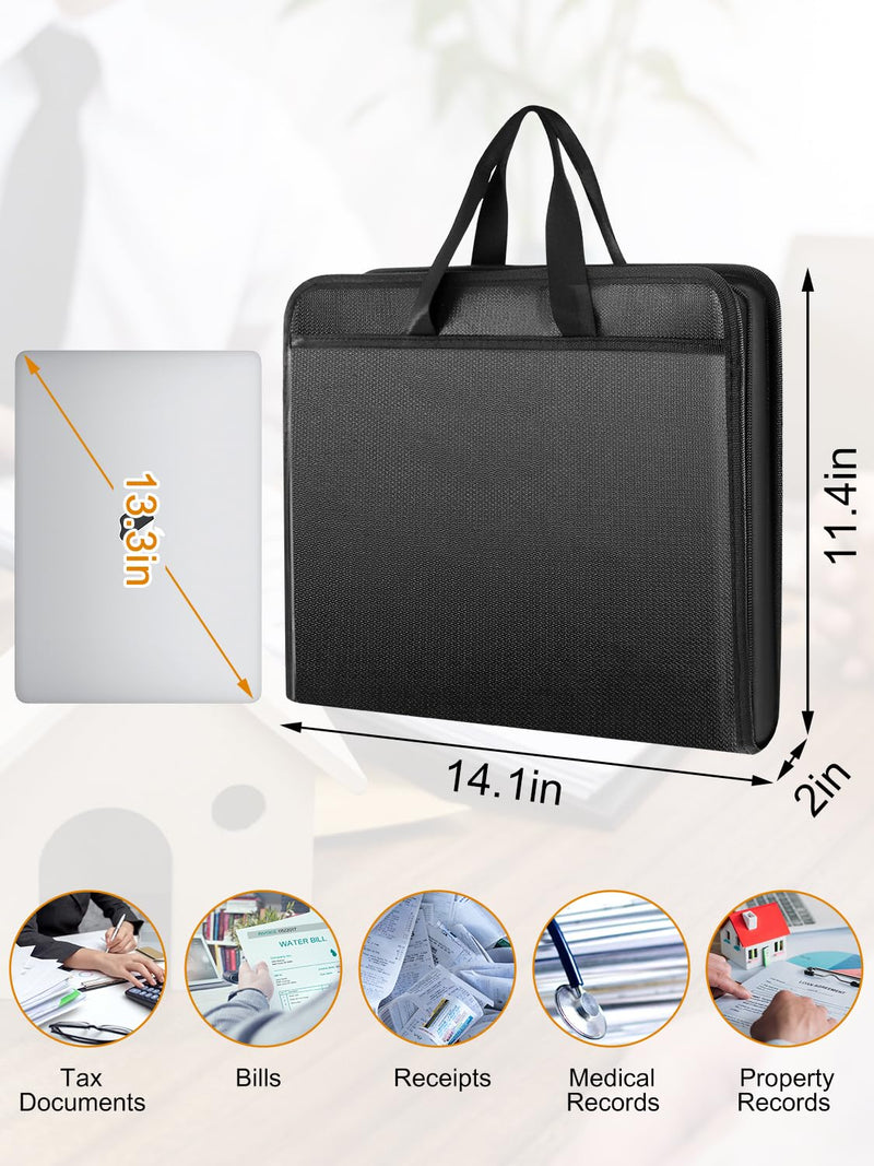 Important Document Organizer Folio Accordion File Organizer Fireproof Expanding File Folder Storage Box with Zipper Labels 13 Pockets for Business Office Receipt Travel Black Classic