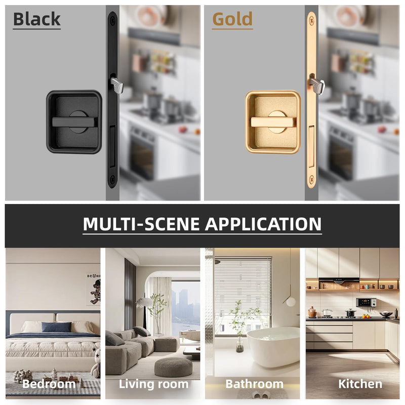Pocket Door Lock Hardware Set - Privacy Handle with Hidden Pull & Recessed Latch, Fit for 1.77" to 2" The Thickof Wooden Doors (Black, Square) Black
