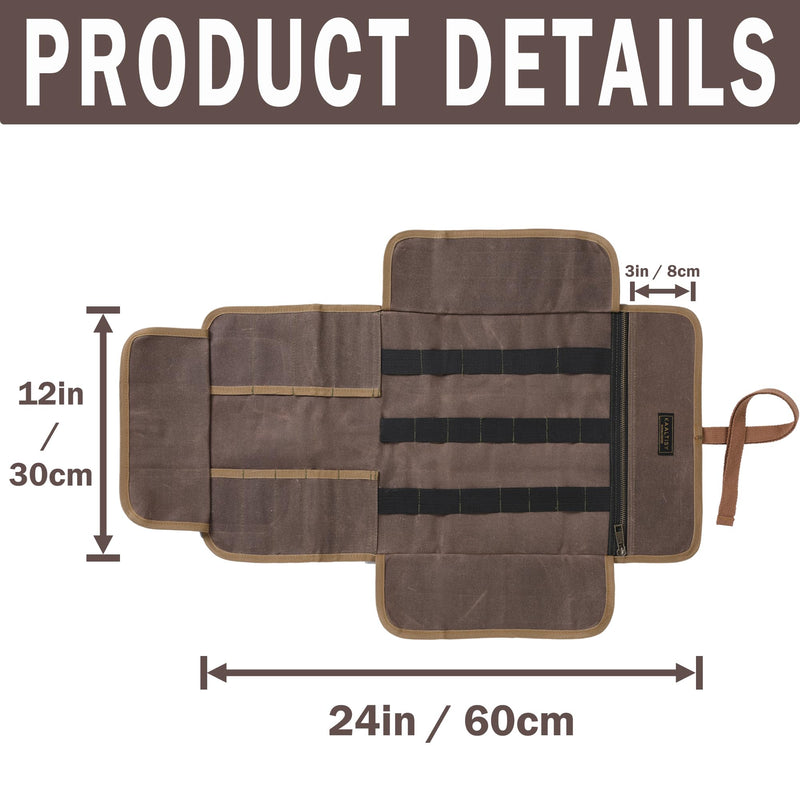 Tool Roll Pouch, Heavy Duty 16OZ Waxed Canvas Tool Bag Roll, Hand Tools Pouch with 1 Zipper Pocket + Elastic Band, Sturdy Tool Storage Roll Bag for Horticulturist Mechanic Handyman - Grey - 24" x 12"