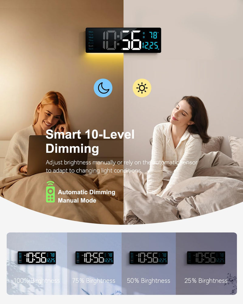 Digital Wall Clock, 16" Large Display Digital Clock with Night Light, Wall Clock with DST, Alarm, LED, Date, Week, Temp for Living Room, Bedroom, Classroom Decor, Birthday Gift for Senior Mom Dad Blue