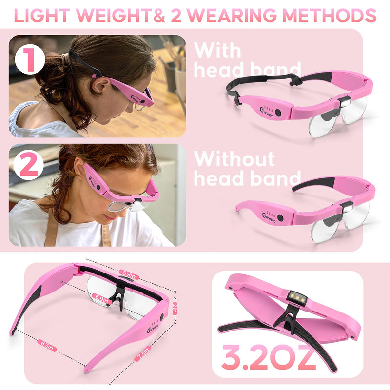 Magnifying Glass with Light, 1.5X-5.0X Magnifying Glasses, Rechargeable Magnifier Headset with Light, Head Magnifier with 4 Detachable Lenses, Magnify Glasses for Close Work Crafts Jewelry Pink Magnifying Glass With Light