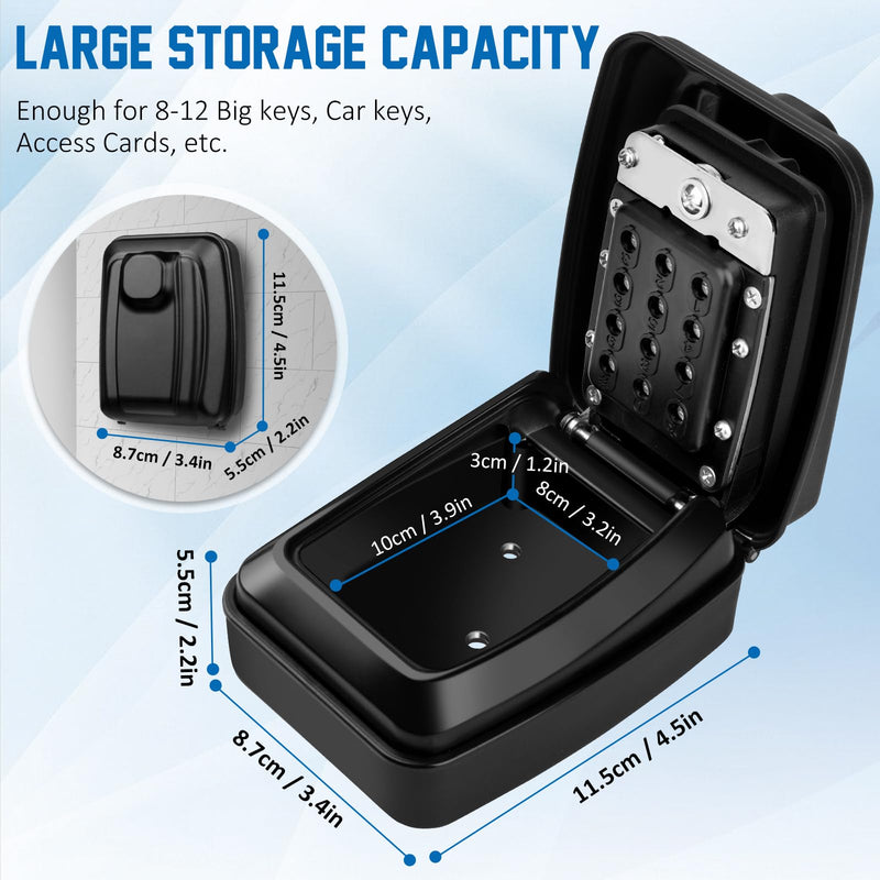 Key Lock Box Wall Mounted Key Storage Box Waterproof 12 Digit Combination Security Lock Box Large Capacity Resettable Code Key Safe with Weatherproof Cover for Home Garage Office School Black