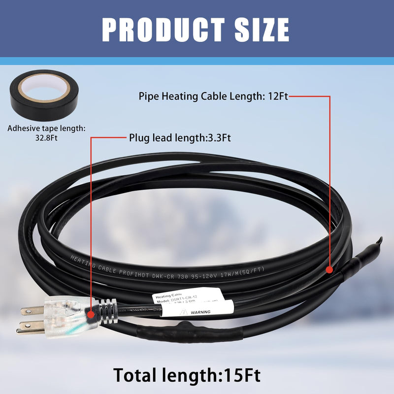 12FT Self-Regulating Pipe Heating Cable with Thermostat,Heat Tape for Water Pipe Freeze Protection,Pipe Heating Trace System for Home Supply Pipes,120V 12 ft
