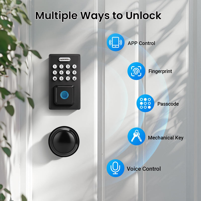 KNOBWELL Fingerprint Door Lock, Passage Door Knob, Black Keyless Entry Electronic Keypad Deadbolt Smart Front Door Lock Set Square Deadbolt