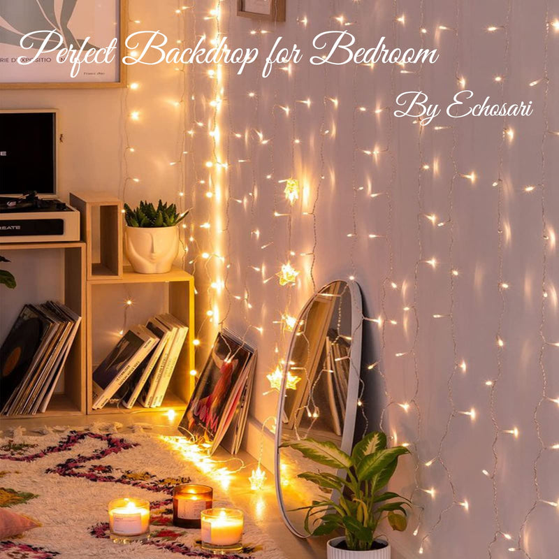 echosari 300 LED Curtain Lights Battery Operated, 9.8ft×9.8ft Hanging Lights with Remote Timer Fairy Curtain Lights for Bedroom Patio Wedding Backdrop Party Decór (Warm White) Warm White