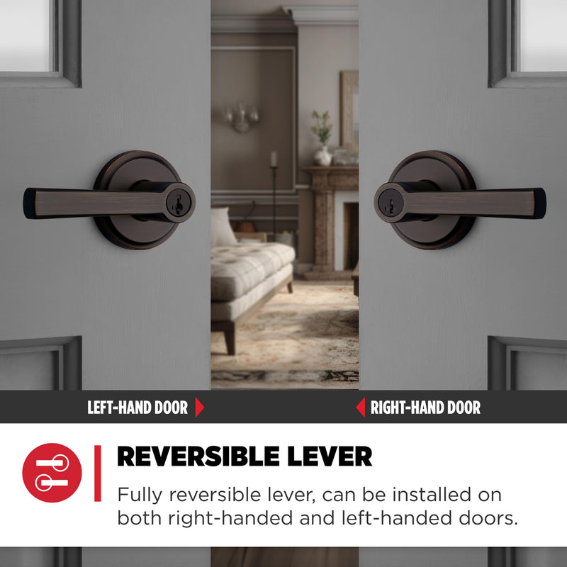Kwikset Trafford Entry Door Handle with Lock and Key, Secure Keyed Reversible Lever Exterior, for Front Entrance and Bedrooms, Venetian Bronze, Pick Resistant Smartkey Rekey Security and Microban Keyed Entry