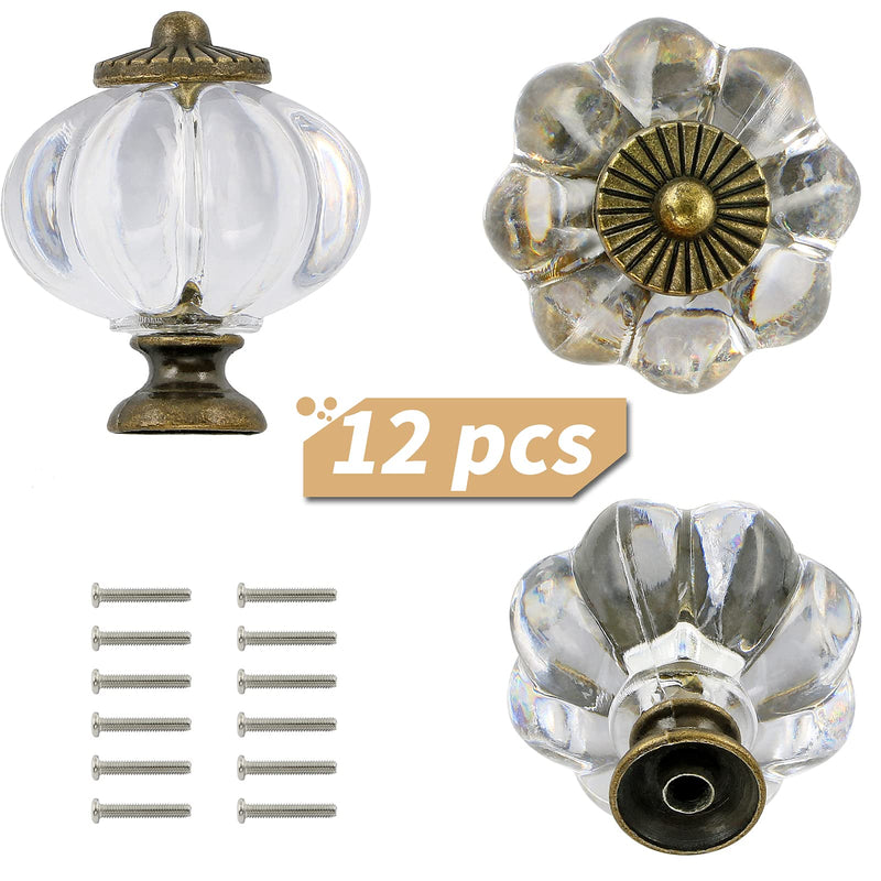 Clear Acrylic Knobs 12 Pack - Pumpkin Cabinet Knobs Retro Dresser Knobs - Vintage Drawer Pulls with Screws for Closet Drawer Cupboard Cabinet and DIY Home Project 1-3/8 Inch Clear