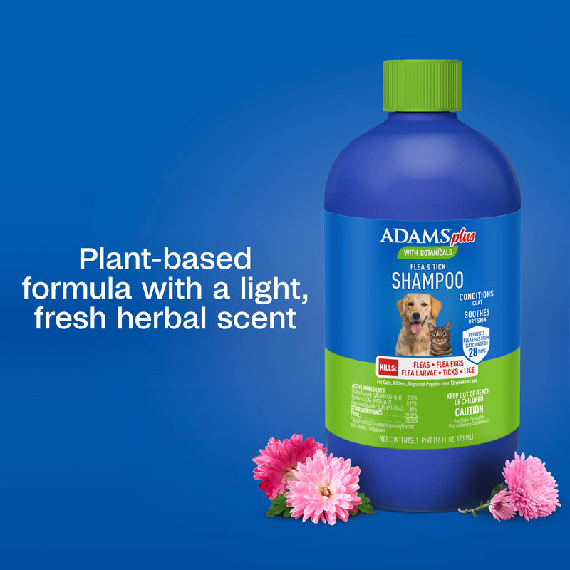 ADAMS Plus with Botanicals Flea & Tick Shampoo for Cats, Kittens, Dogs & Puppies, Flea Shampoo for Flea Infestations, Soothes & Conditions Dry Skin & Coat, Kills Fleas, Flea Eggs, Ticks & Lice, 16 oz 16 Ounces