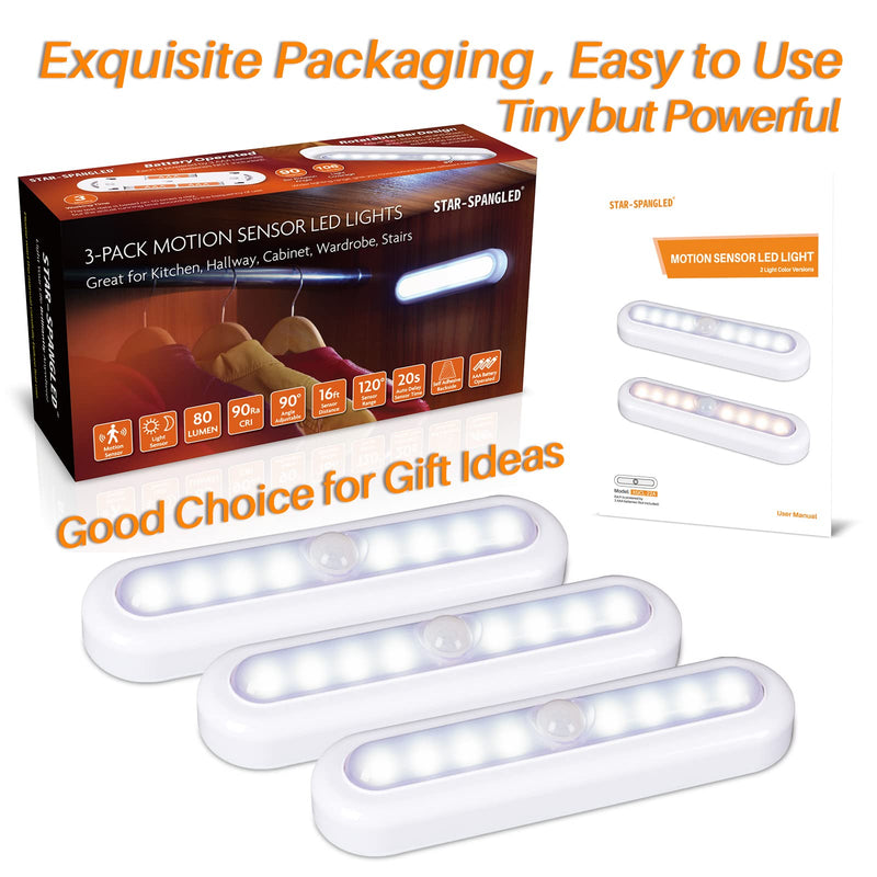 STAR-SPANGLED 3 Pack 7” Motion Sensor Lights Indoor Battery Operated, Stick on LED Light for Closet, Stairs, Under Cabinet, Cool White