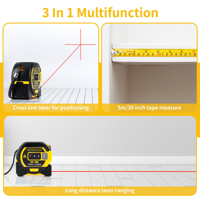 5m/16ft Digital Laser Tape Measure, WTWD 100m/328ft Laser Distance Measure with Cross-Line Laser Level, Area/Volume Calculator, Battery Powered, Voice Output, Backlit LCD, ft/in/m for Construction Voices 3-in-1 100m
