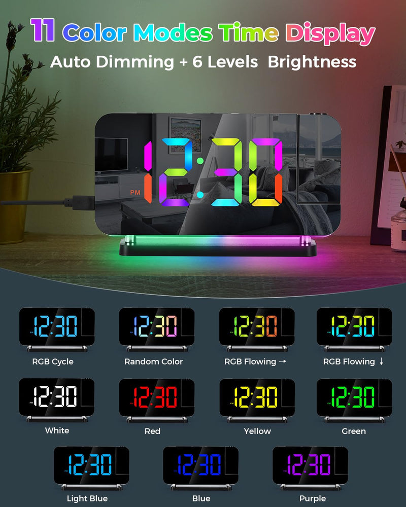 SZELAM Projection Alarm Clock, 7.4 in Digital Mirror Clocks,with 180° Rotatable Projector, RGB Night Light,USB C Charger Port, Auto Dimmer, LED Desk Clock for Bedroom - Black