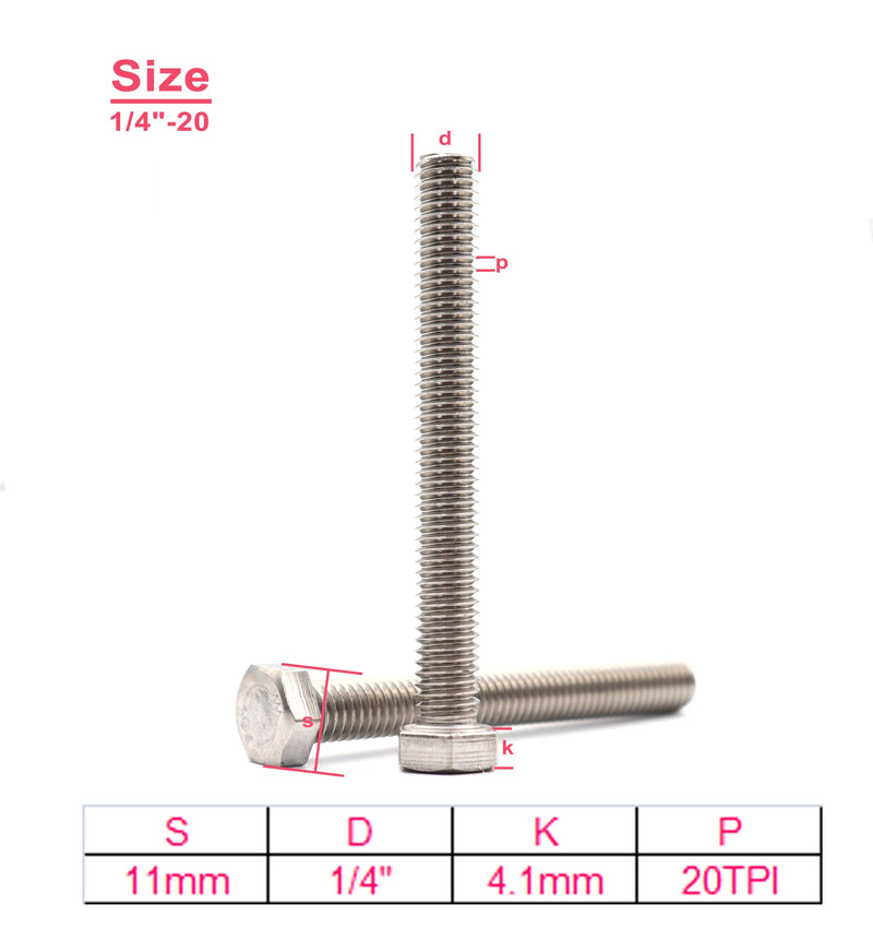 cSeao 10pcs 1/4-20 x 6 Hex Head Bolts Screws, Full Thread, Plain Finish, F593C 18-8 304 Stainless Steel 1/4"-20 x 6" 10pcs