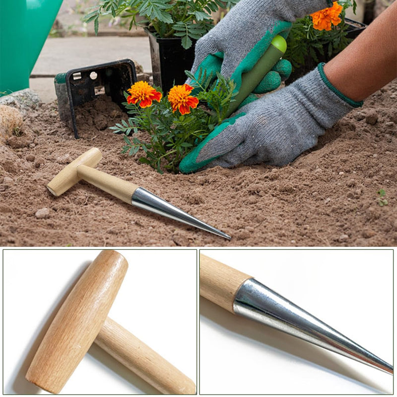 Hand Dibber, Stainless Steel Sow Dibbler with Wood Handle, Garden Hole Punch Dibbler Tool for Planting Seeds & Bulbs, Hand Held Bulb Planter for Planting Flowers Tulips, Daffodils, Dahlias Log
