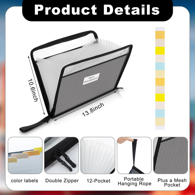 Maitys Boating Gifts for Men Boat Documents Organizer Large Size Waterproof Case for Boat Papers with 12 Expandable Folders Plus Mesh Pocket Fireproof Document Bag for A4 Papers