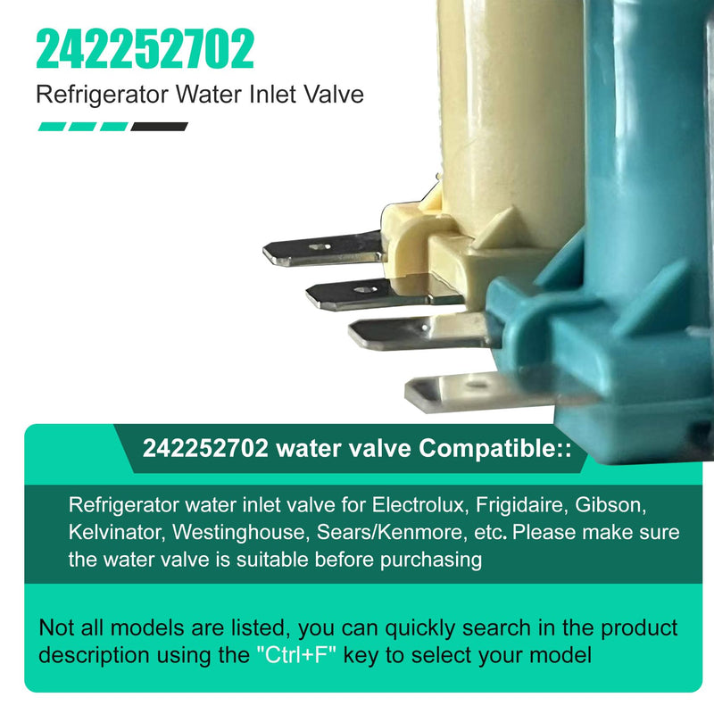 242252702 Refrigerator Water inlet Valve for Frigidaire Kenmore Electrolux Crosley, Fridge Water Valve replacement Parts 240531101 241734301 WV2702 AP5671757 240321801 K-76150, 1 Year Warranty