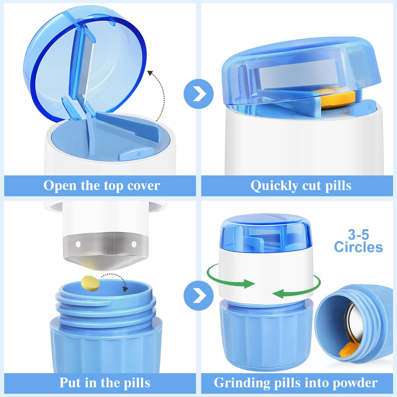 3-in-1 Pill Crusher Cutter with Storage Box, Pill Grinder with Brush Small Bags, PillCrusher Fine Powder with Stainless Steel Grinding Head for Elderly and Pets