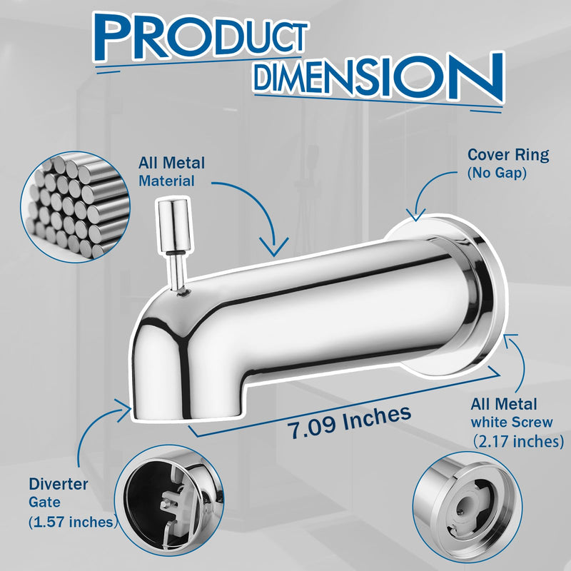 7 Inch Slip on Bathtub Spout with Diverter, Compatible with Moen 3839/3853,Extra Long Diverter Tub Spout Fits 1/2" Copper Tube(5/8" Diameter),Chrome Chrome