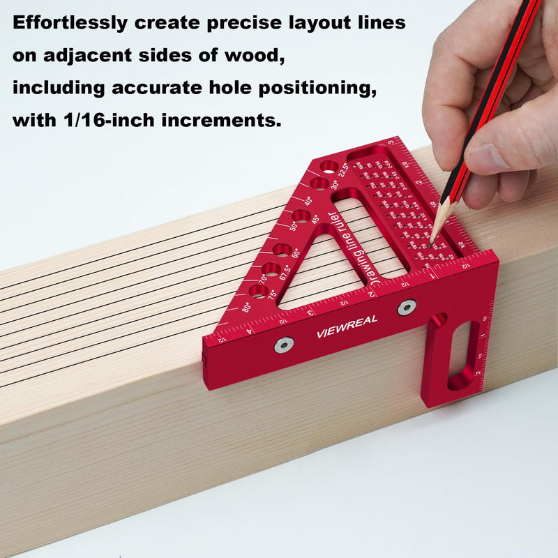Premium Carpenter Square Hole Scribing Ruler Woodworking Square 22.5-90 Degree Measuring Ruler with Angle Pin,Versatile Multi Angle Square for Woodworking, Engineering, and Construction Red