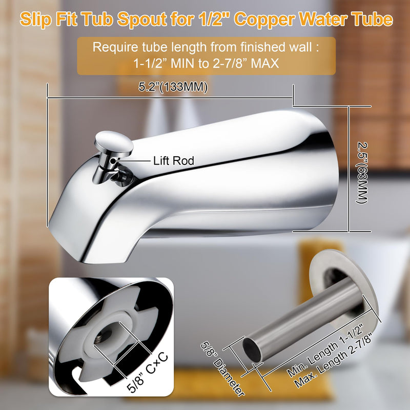 Dreyoo Slip On Diverter Tub Spout with Metal Cover Ring and Foam Gasket, Compatible with Kohler GP85556-CP, Bathroom Bathtub Faucet Set Replacement Fits 1/2'' Copper Water Tube (Polished Chrome) Polished Chrome