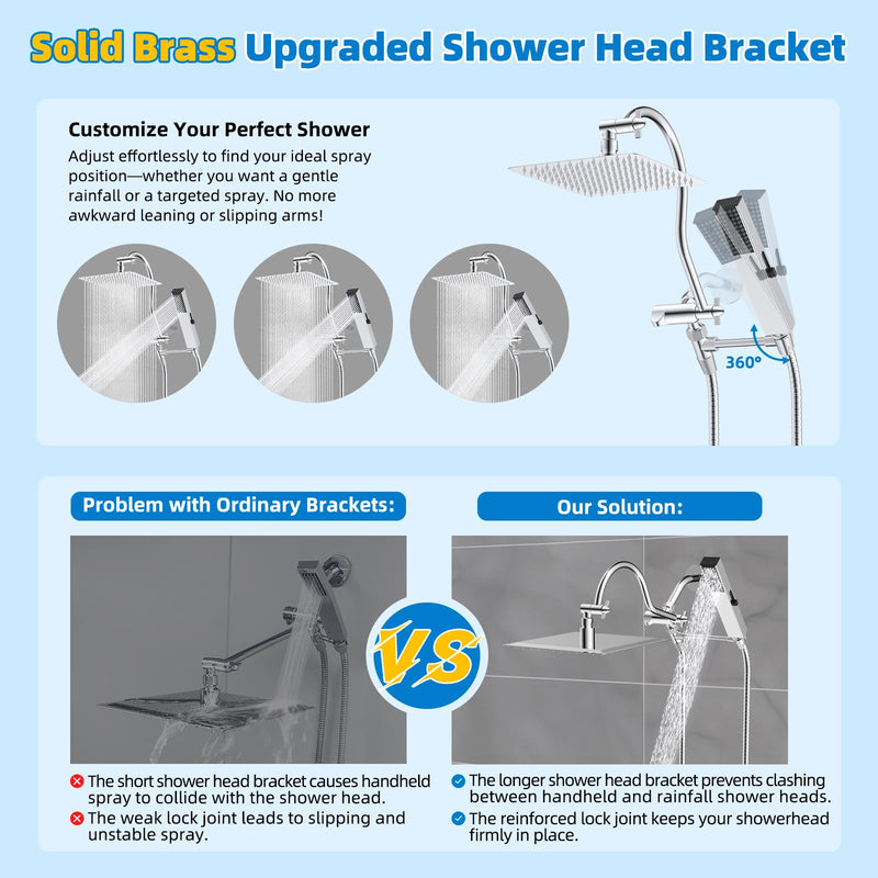 Hibbent All Metal cUPC Certified Shower Head, 8'' High Pressure Rainfall Shower Head, Showerhead Combo, Handheld Shower Wand, 12'' Adjustable Extension Arm, 4-Spray, 71'' Hose, Shower Holder, Chrome Square 8''