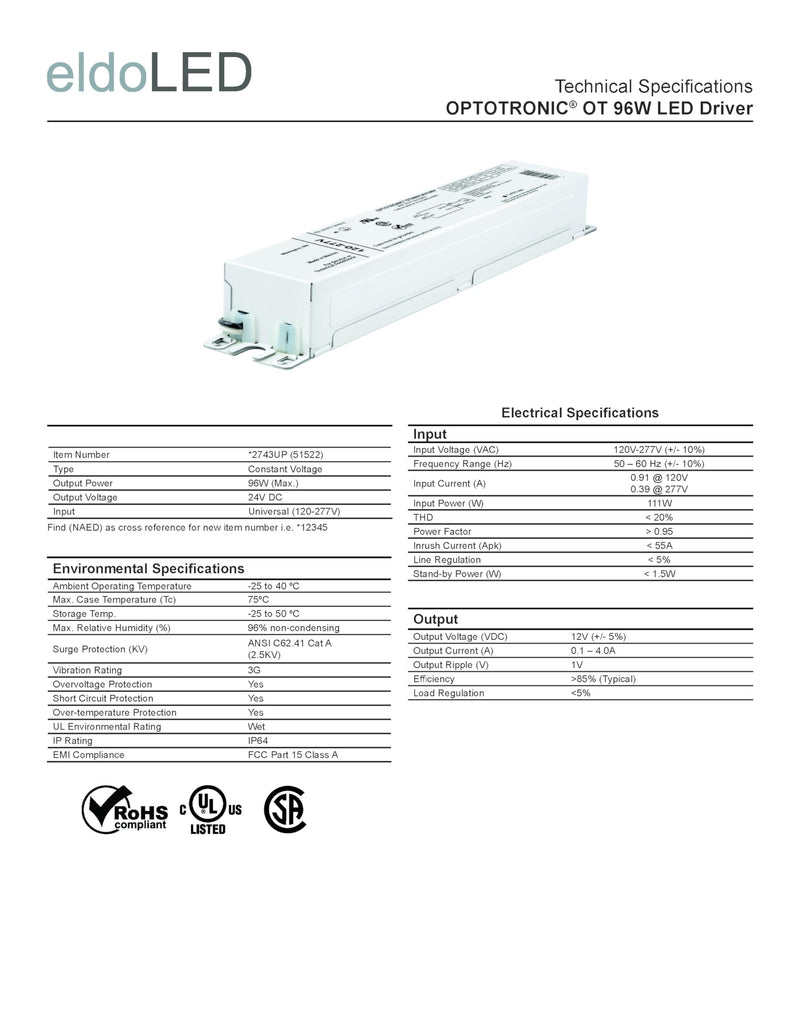 Sylvania 51522-96 watt 120/277 volt LED Power Supply (OT96W/24V/UNV)