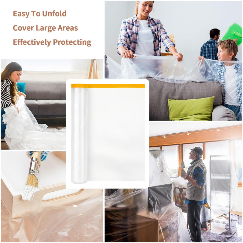 4 Rolls Pre-Taped Masking Film Plastic Sheeting Painters Plastic with Tape Paint Adhesive Protective Film Roll for Painting Covering Walls Windows Auto Body, 8.8 x 65 Feet