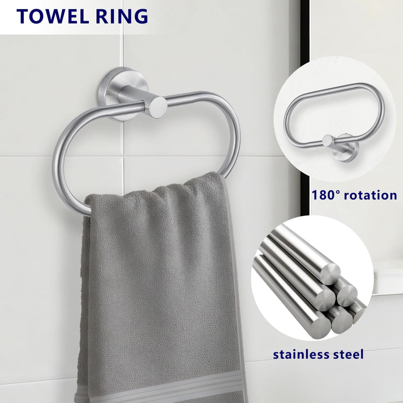 Bathroom Hardware Set Includes Towel Ring, Toilet Paper Holder and 2 Towel Hooks, SUS304 Stainless Steel Modern Wall-Mounted Bathroom Set, Rustproof Bathroom Fitting Set (Brushed Nickel) Brushed Nickel