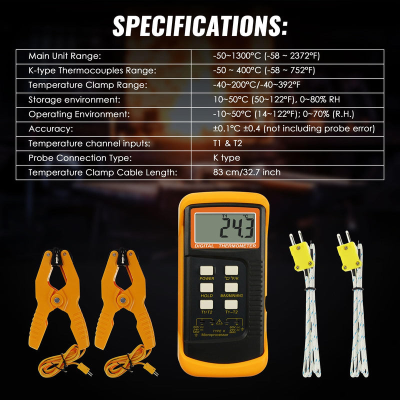 K Type Thermocouple Thermometer (-50~1300°C), Dual Channels Digital Thermometer with 2 Temperature Clamp 2 Wired Thermocouple Probes, High Accuracy Temperature Kelvin Scale Meter Tester