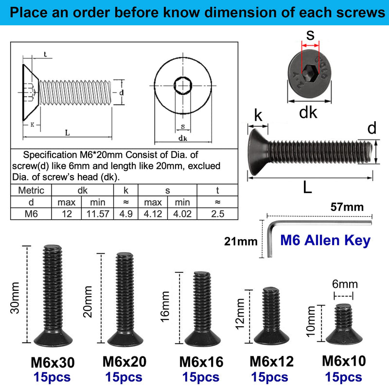 75PCS Flat Head Hex Socket Cap Screw Bolt, Grade 10.9 Alloy Steel, M6 x 10/12/16/20/30mm SCK Allen Head Hex Drive Machine Screw Set with Hex Key, Black Oxide Finish, Fully Threaded Pitch: 1.0mm 75pcs-M6 x 10/12/16/20/30