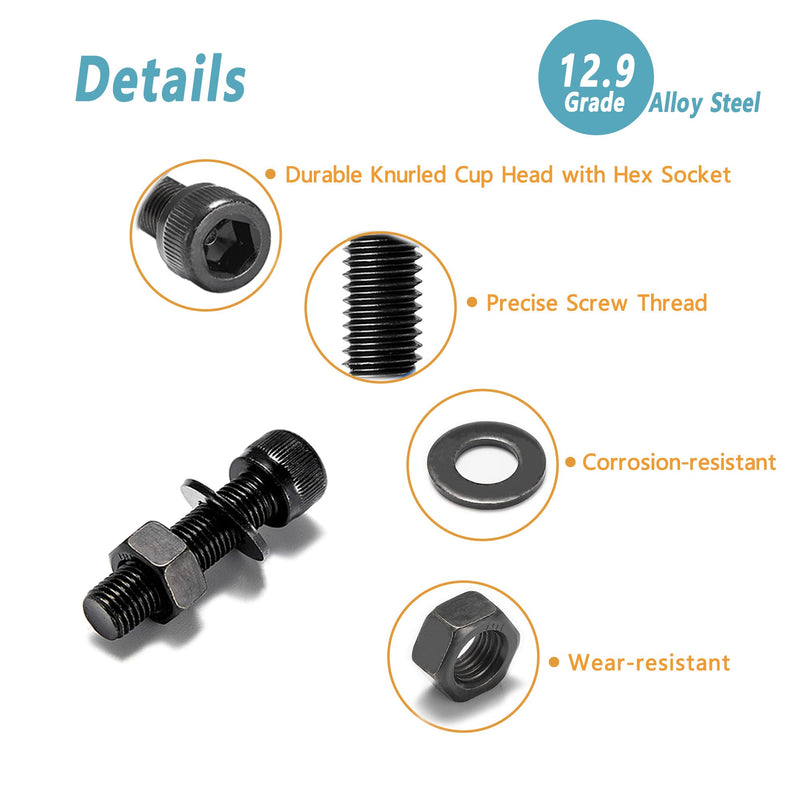 Kadrick 1250 Pcs M3 Screws and Nuts Assortment M3x4MM-35MM, Hex Socket Head Cap Metric M3 Machine Bolts Kit, 12.9 Grade Alloy Steel,Anti-Rust Up Graded,Black Zinc Plated,Free Allen Head Wrench 1250Pcs M3 4mm-35mm