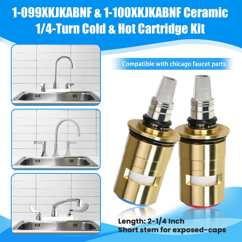 Upgraded 1-099XKJKABNF & 1-100XKJKABNF Ceramic 1/4-Turn Cold & Hot Cartridge Kit, Compatible with Chicago Parts, Short Stem for Exposed-Caps, Easy to Install