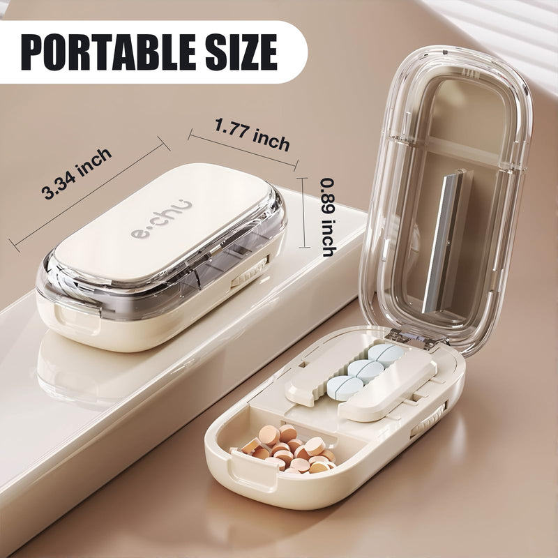 Portable Pill Cutter with Adjustable Slots – Multi Pill Splitter for Small & Large Tablets, Stainless Steel Blade, Clear Cut, Non-Slip Design, Easy to Use for Weekly Medication(Beige, 1/2) Beige