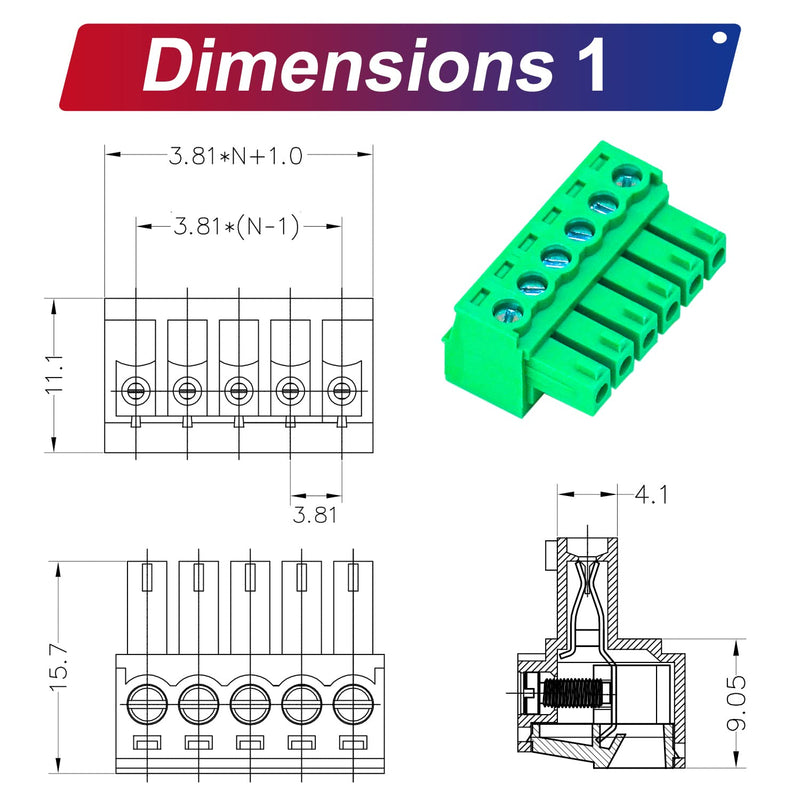 Tcenofoxy 3.81mm Male & Female 2/3/4/5/6/7/8/9/10/11/12/13/14/15/16/18/20/24 Pin Phoenix Connector No Soldering Green PCB Screw Terminal Block Connector (2Sets 3.81MF-6Pin) 3.81MM-6P-2Sets