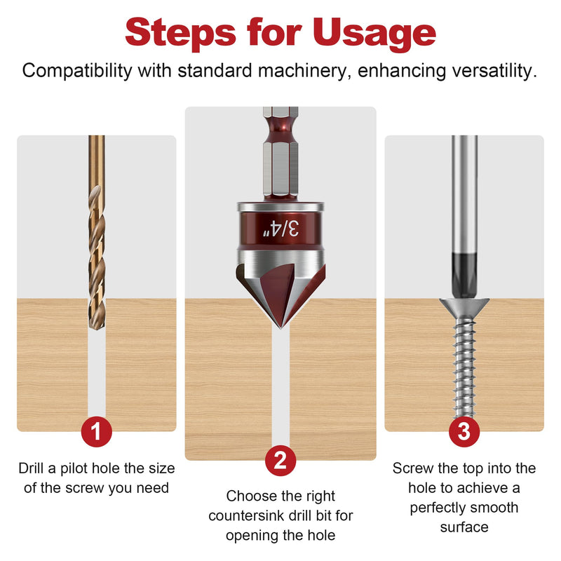 5-Piece Countersink Drill Bit Set, 82 Degree, 5 Flute High Speed Steel Countersink Bits, Quick-Change Hex Shank, for Metal, Wood, Plastic, 1/4" to 3/4" Size, with Aluminum Storage Case 5 PCS 1