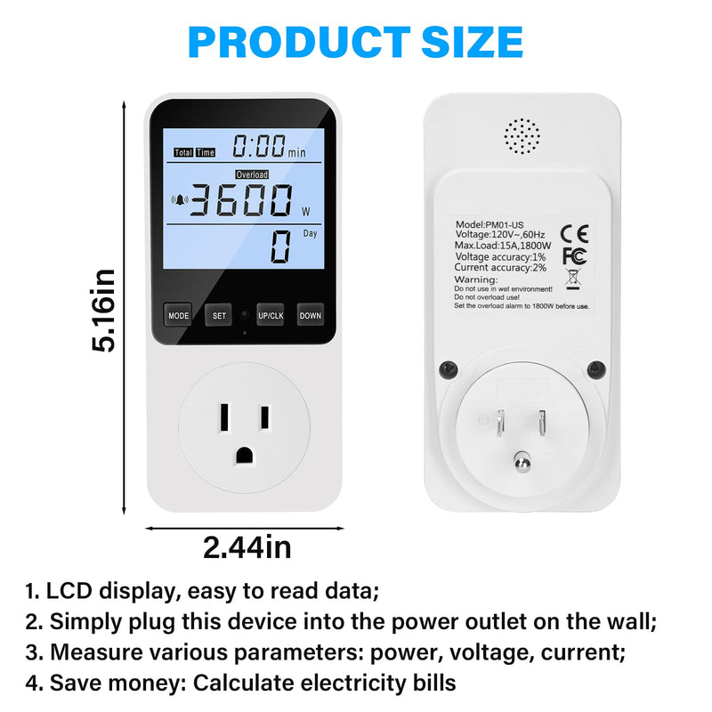 Upgraded Watt Meter, Plug-in Socket Power Meter with LCD Backlight Display – Home Electricity Usage Monitor Tests Voltage AMP Kilowatt, Overload Protection, 8 Display Modes, 110V-130V
