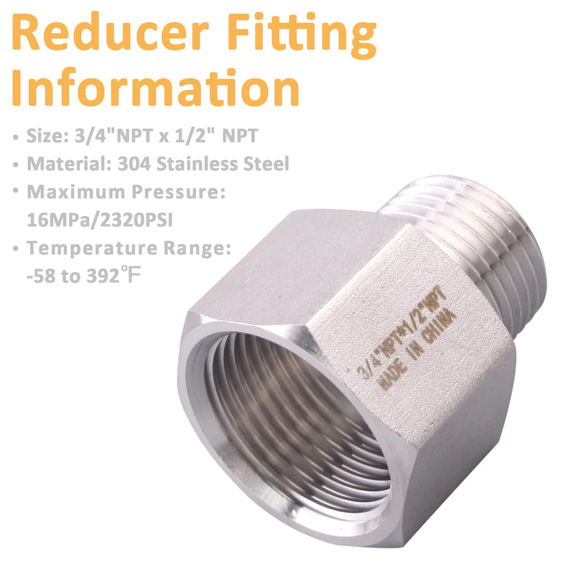 Forged Reducer Adapter Fitting - Stainless Steel 304 Reducing Pipe Connector, 3/4" NPT Female x 1/2" NPT Male (pack of 2) 3/4" Female x 1/2" Male Pack of 2