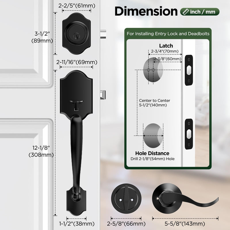 Black Front Door Handle and Deadbolt Set, Classic Lock With Matte Exterior Lever, Reversible Entry for Right & Left Handed Matte Black