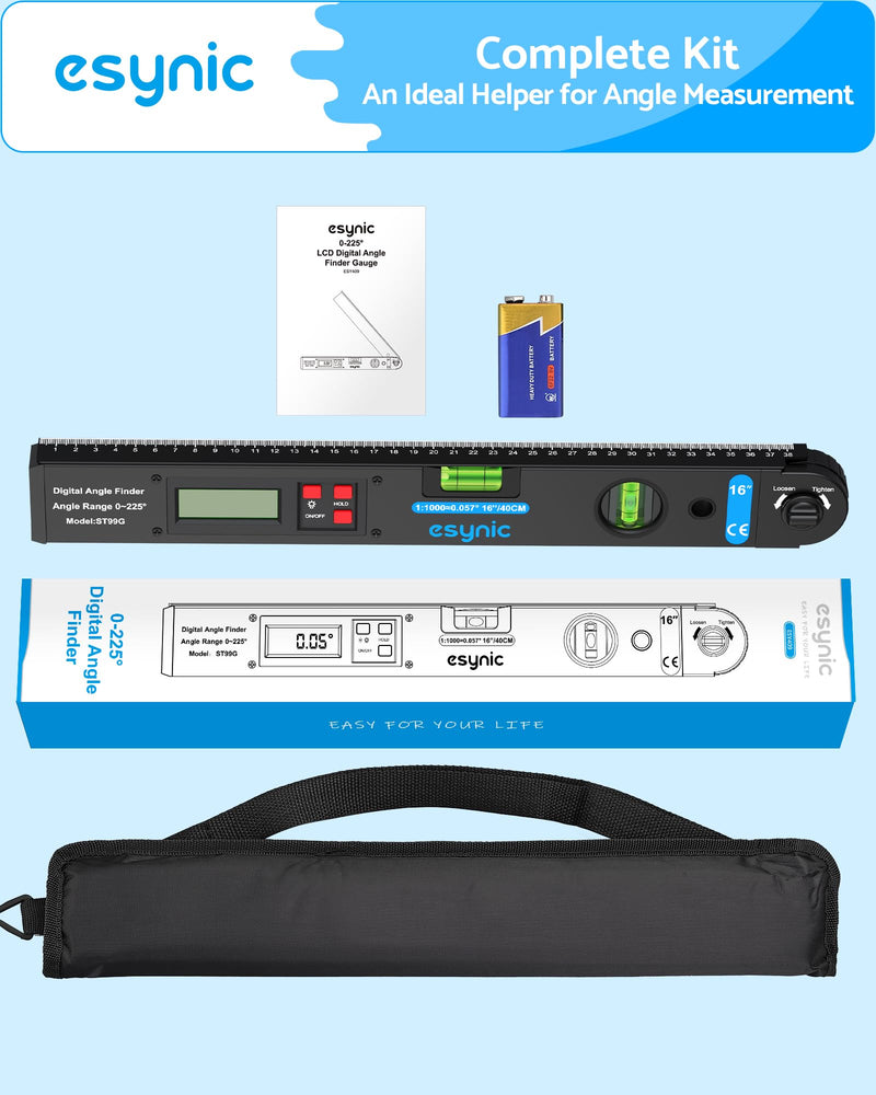eSynic 16 Inch Waterproof Aluminum Digital Angle Finder with 400mm Scale | Built-in Horizontal and Vertical Bubble Level-Measure Angles Vertically-0-225° Range-Backlit LCD-for Woodworking/Construction