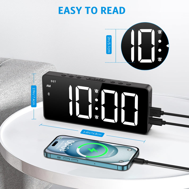 AMIR Alarm Clocks for Bedrooms - Bluetooth Sync Time Alarm Clock, Digital Clock Large Display with USB Charging Port, Dimmable, Adjustable Volume, Snooze, 12/24H, Loud Alarm for Heavy Sleepers