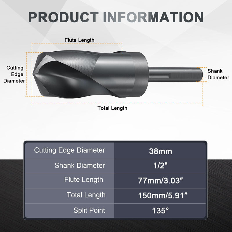 uxcell 38mm Drill Bit 1/2" Reduced 3-Flat Shank M2 High-Speed Steel Nitriding Black 135° Bits for Hard Metal Stainless Steel,1pcs 1/2"