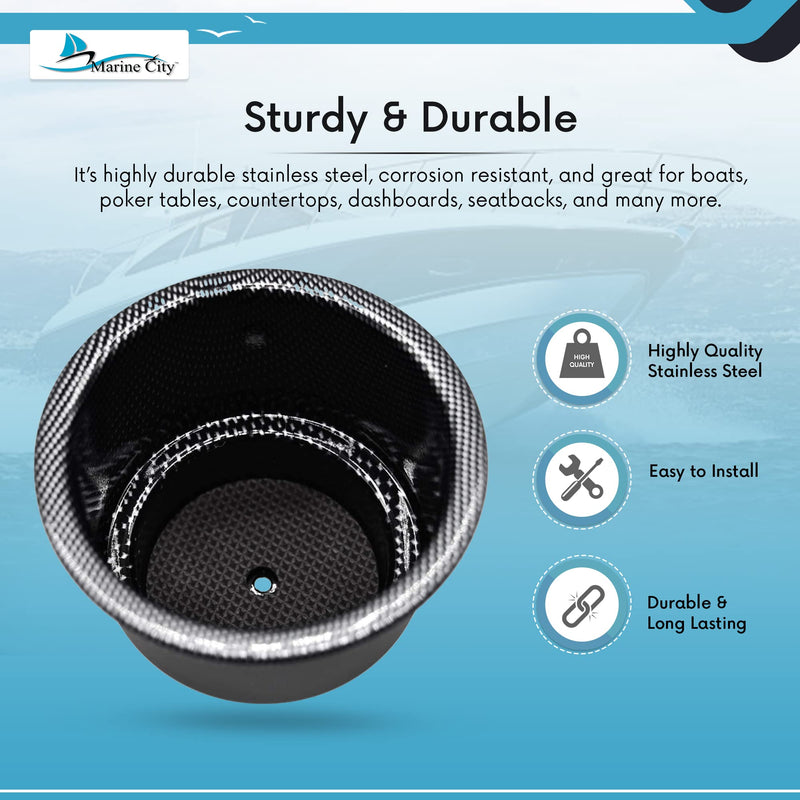 MARINE CITY Stainless Steel Cup Holder – Black Carbon Fiber Print, Marine Grade, Center Drain Hole – for Boat, Yacht, Ship, Kayak, Poker Table & Countertop (1 Pack)