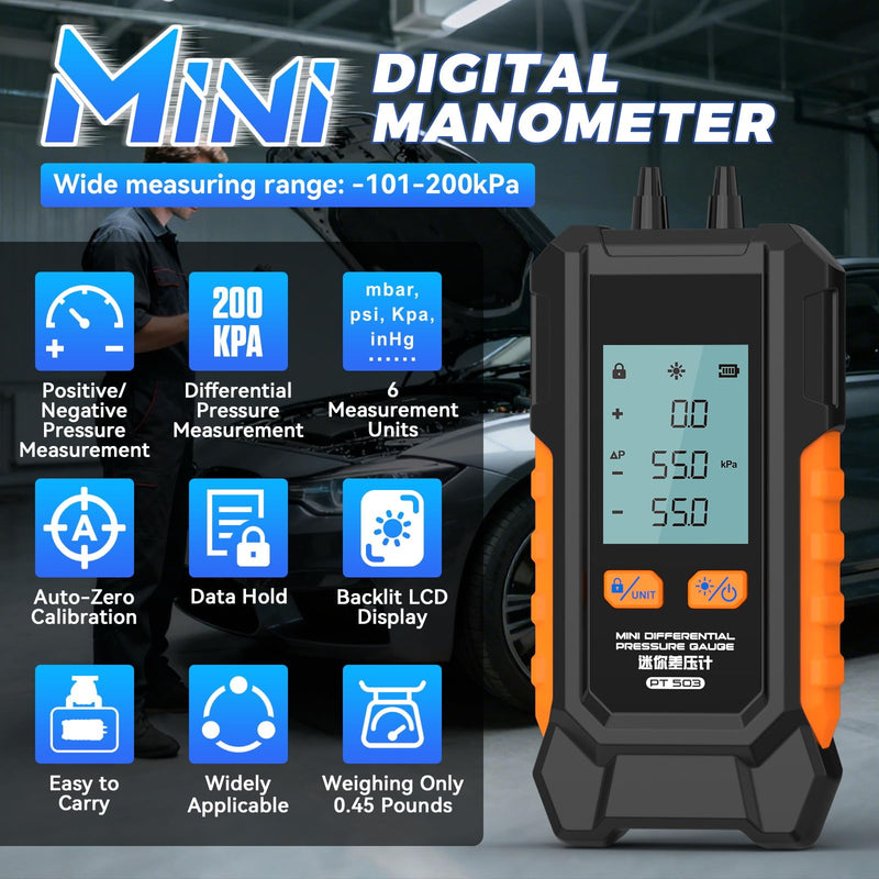 Manometer Gas Pressure Tester -101 to 200KPa Mini Dual-Port Digital Manometer HVAC with 6 Measurement Units(PSI/kPa/mbar/bar/inHg/mmHg) Manometer Lp Gas Pressure Tester Auto Calibration Monometer 2.2in×1.2in×4.9in