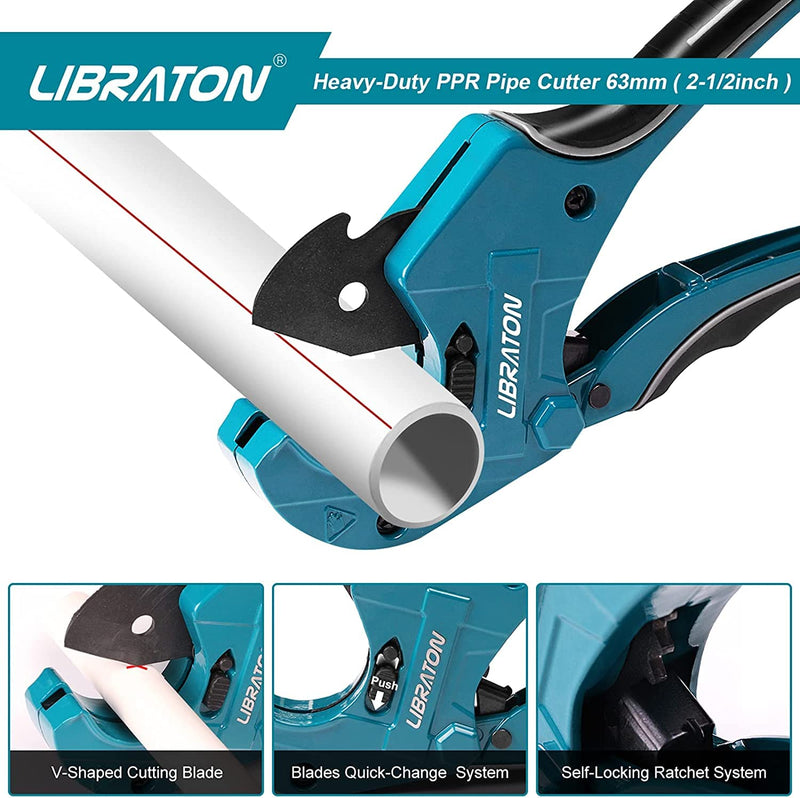 Libraton PVC Pipe Cutter, Up to 2-1/2", Ratchet Pipe Cutter Heavy-Duty, Pex Cutting Tool for Cutting PEX, PVC, PPR Plastic Hoses and Plumbing Pipe 2-1/2"(63mm)