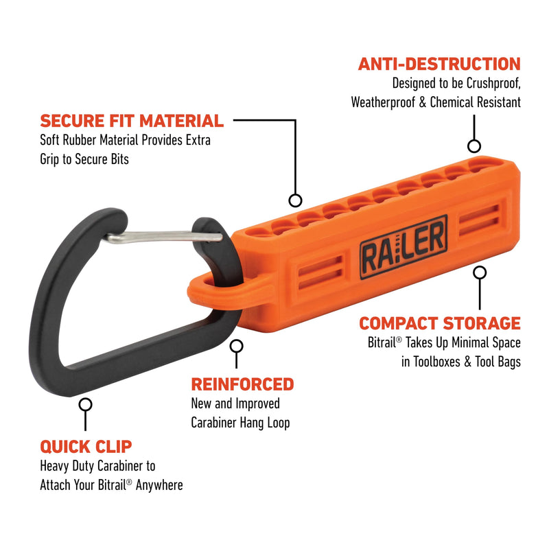 Screwdriver Bit Holder Storage Organizer – Railer 10-Hole Black and Orange Bit Holder with Carabiner - 2 Pack Black + Orange