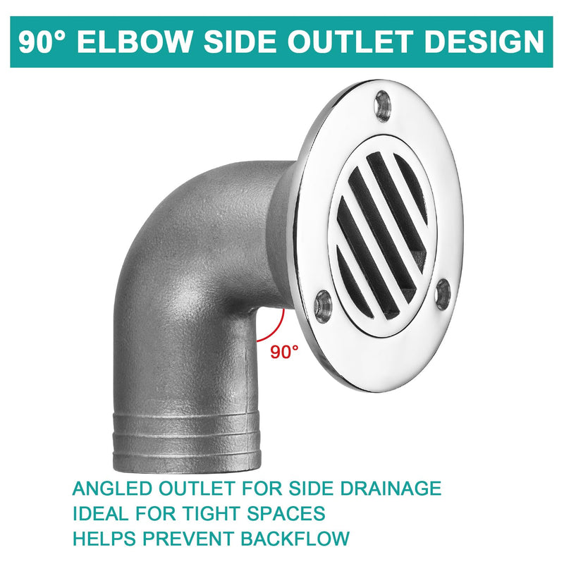Boat Deck Floor Drain, 90-Degree Boat Deck Drain with Elbow Outlet, Flush-Mount, Heavy-Duty 316 Stainless Steel, with Screws 1-1/2 inch