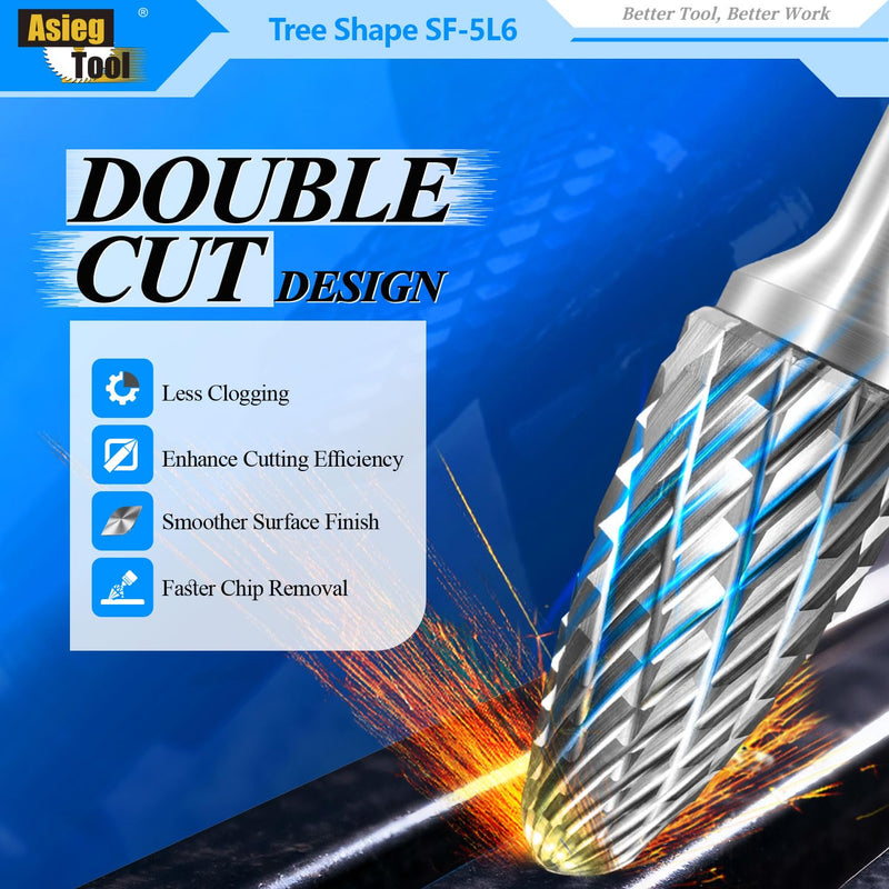 SF-5L6 Tungsten Carbide Burr Rotary File Tree Shape Radius End Shape Double Cut for Die Grinder Drill Bits 1/4'' Inch Diameter of Shank and 1/2'' Inch Diameter of Cutter 1'' Inch Cutter Length SF-5L6