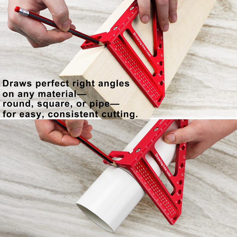 Large Carpenter Square 6.5''x5.79''Protractor Ruler with 3D Multi-Angle Measuring and Scribing Features with Anti-Lost Pin for Accurate Woodworking & Construction Red