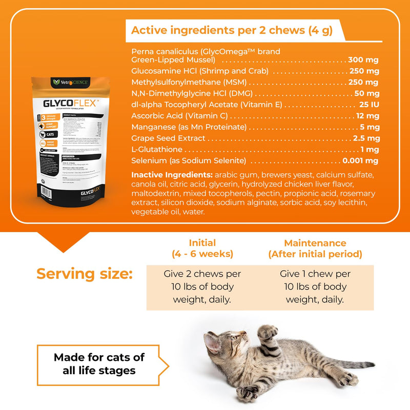 VetriScience GlycoFlex 3, Clinically Proven Joint Support Cat Supplements - Hip and Joint Health Supplement with Glucosamine, MSM, Green Lipped Mussel & DMG - 60 Chews, Chicken Flavorâ€‹