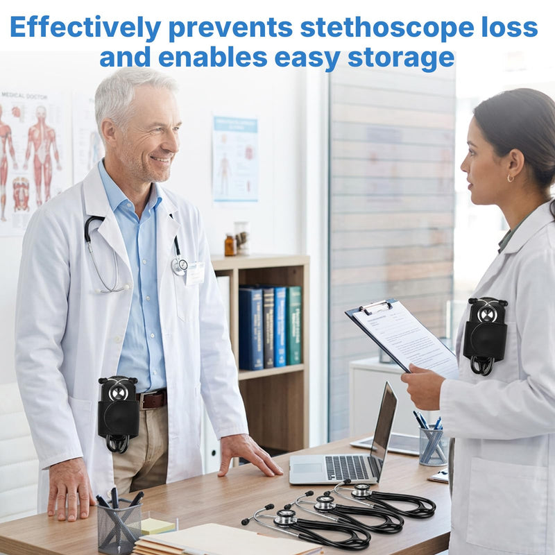 Stethoscope Holder for Scrubs, Magnetic Hands-Free Stethoscope Holder Clip Black PU Leather, Portable for Scrubs Belts Lab White Coats, Scrub Accessories Gifts for Nurses Doctors Medical Students EMTs