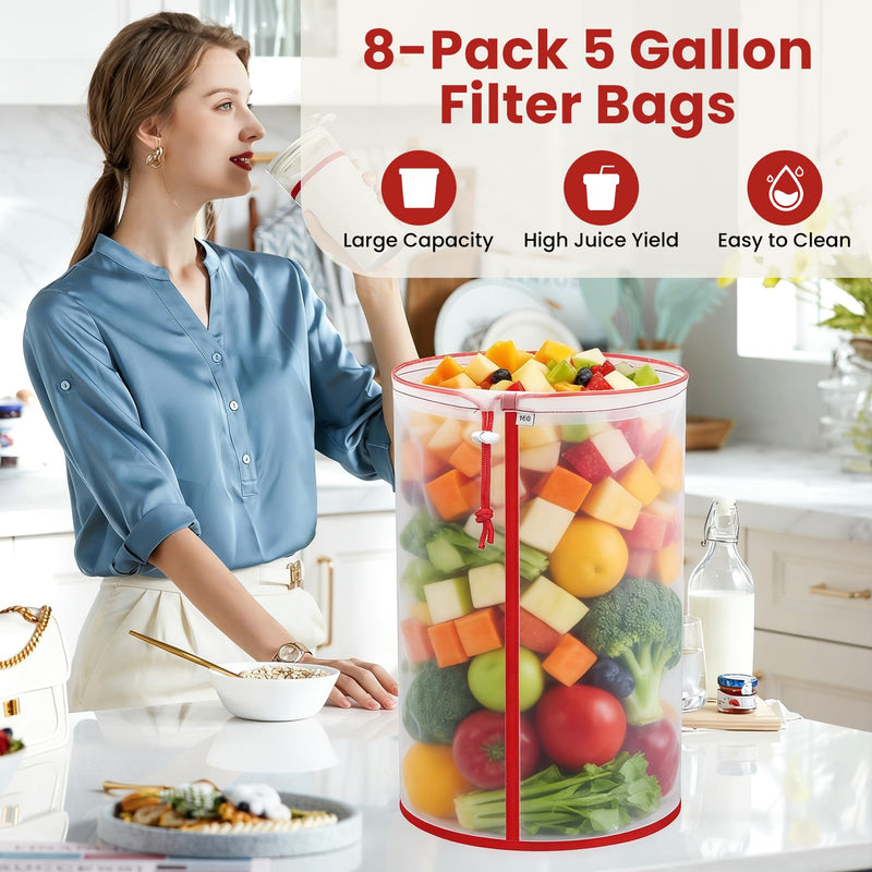 Enhanced Filter Bags 8 Pack 5 Gallon All Mesh Reusable Nylon Mesh Bags with Pressing Screen Storage Pouch for Hydroponics, Gardening (Nylon)